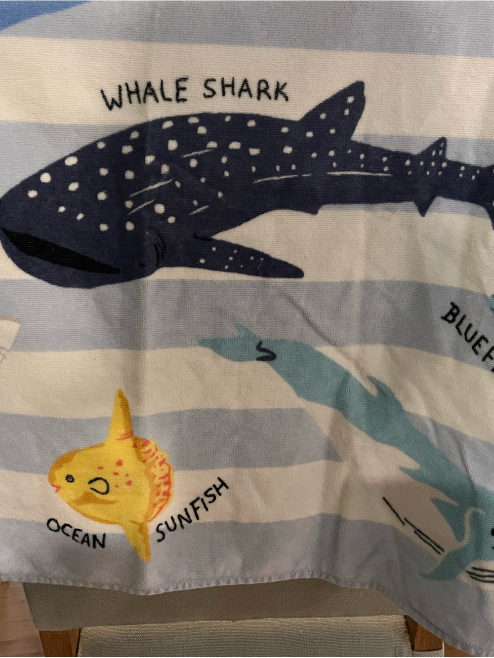 Pottery barn kids Striped Ocean Print Baby beach towel Whale Shark & Sunfish